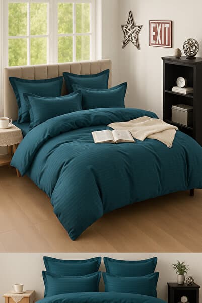 Lenjerie de pat Bumbac Damasc ,Casa Pucioasa ,6 piese ,culoare verde petrol ,model luxury hotel