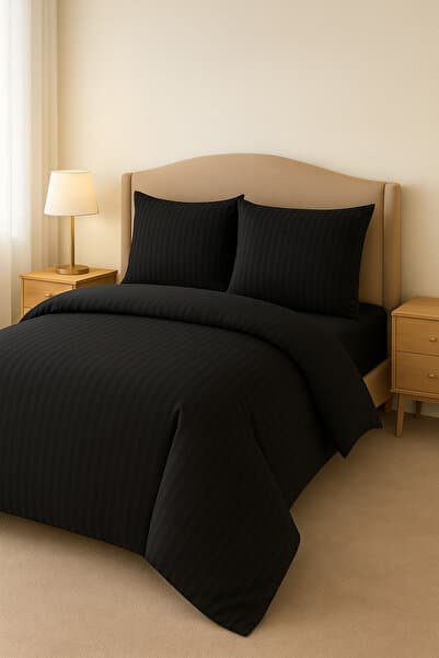 Lenjerie de pat Neagra Premium 4 piese -dungi satinate ,bumbac finet de lux ,stil hotel 5 stele