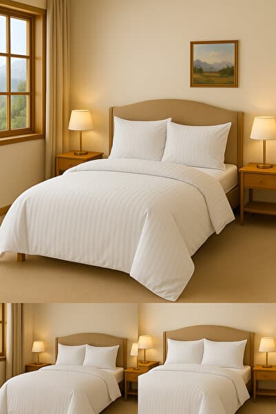 Lenjerie de pat Alba Bumbac Damasc cu dungi fine -4 piese ,stil hotel de lux ,moale, eleganta