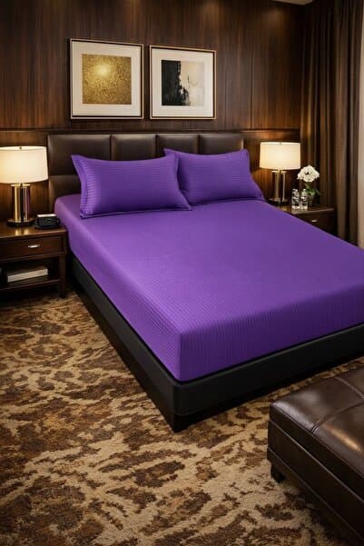 Cuvertură de pat cu elastic + 2 fețe de pernă, 180x200 cm, damasc din bumbac , violet închis