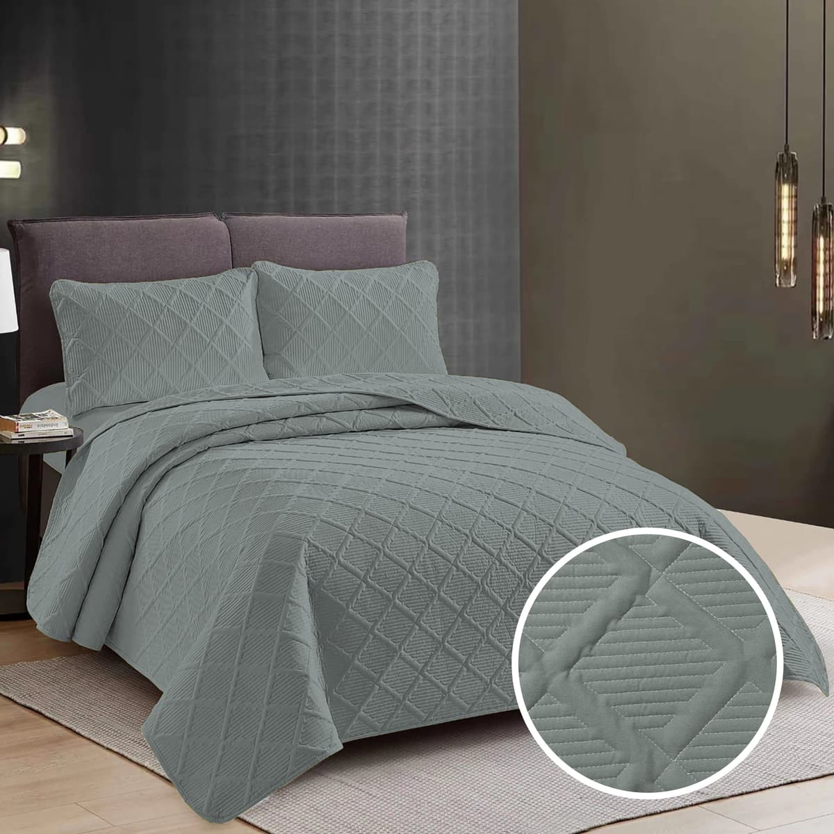 CUVERTURĂ PAT UNI + 2 FEȚE DE PERNĂ – WARM GRAY